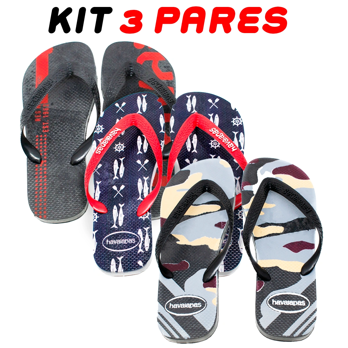 Kit 3 Chinelos Masculino Havaianas Sortidos para Lazer Kit 3 Chinelos Masculino Havaianas Sortidos para Lazer